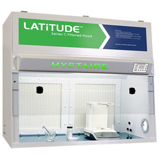 Mystaire 48" Latitude Series C ductless hood. Price includes HEPA filters, prefilters, blue base, trash bag port, and two power access ports. - MY-LBE48