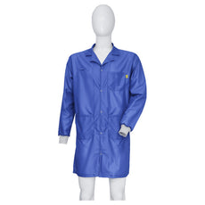 Tecstat LR 95% Poly, 5% Carbon Fiber Stretchable Royal Blue ESD Smock, Knee Length, Lapel Collar, Snaps in Front, Knit Cuffs, XSM - ESM-AL21_I2-T4
