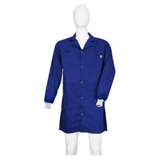 Tecstat PA 66% Poly,  32% Cotton, 2% Carbon Fiber NAVY BLUE ESD Smock, Knee Length, Lapel Collar, Snaps in Front, Knit Cuffs, XLG - ESM-M125_I2-T4