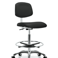 Class 10 Clean Room Vinyl Chair Chrome - High Bench Height with Chrome Foot Ring & Casters in Black Trailblazer Vinyl - CLR-VHBCH-CR-CF-CC-8540