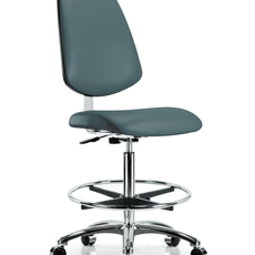 Class 10 Clean Room Vinyl Chair Chrome - High Bench Height with Medium Back, Chrome Foot Ring, & Casters in Colonial Blue Trailblazer Vinyl - CLR-VHBCH-MB-CR-CF-CC-8546
