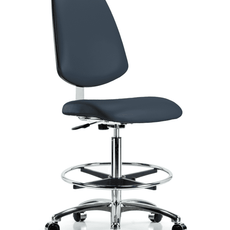 Class 10 Clean Room Vinyl Chair Chrome - High Bench Height with Medium Back, Chrome Foot Ring, & Casters in Imperial Blue Trailblazer Vinyl - CLR-VHBCH-MB-CR-CF-CC-8582