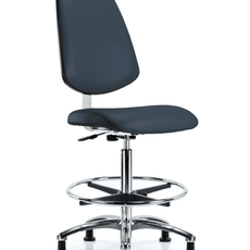 Class 10 Clean Room Vinyl Chair Chrome - High Bench Height with Medium Back, Chrome Foot Ring, & Stationary Glides in Imperial Blue Trailblazer Vinyl - CLR-VHBCH-MB-CR-CF-RG-8582