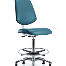 Class 10 Clean Room Vinyl Chair Chrome - High Bench Height with Medium Back, Chrome Foot Ring, & Stationary Glides in Marine Blue Supernova Vinyl - CLR-VHBCH-MB-CR-CF-RG-8801