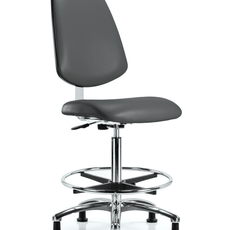 Class 10 Clean Room Vinyl Chair Chrome - High Bench Height with Medium Back, Chrome Foot Ring, & Stationary Glides in Carbon Supernova Vinyl - CLR-VHBCH-MB-CR-CF-RG-8823