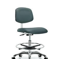 Class 10 Clean Room Vinyl Chair Chrome - Medium Bench Height with Chrome Foot Ring & Casters in Colonial Blue Trailblazer Vinyl - CLR-VMBCH-CR-CF-CC-8546