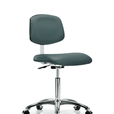 Class 10 Clean Room Vinyl Chair Chrome - Medium Bench Height with Casters in Colonial Blue Trailblazer Vinyl - CLR-VMBCH-CR-NF-CC-8546