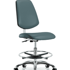 Class 10 Clean Room Vinyl Chair Chrome - Medium Bench Height with Medium Back, Chrome Foot Ring, & Casters in Colonial Blue Trailblazer Vinyl - CLR-VMBCH-MB-CR-CF-CC-8546