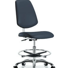 Class 10 Clean Room Vinyl Chair Chrome - Medium Bench Height with Medium Back, Chrome Foot Ring, & Casters in Imperial Blue Trailblazer Vinyl - CLR-VMBCH-MB-CR-CF-CC-8582
