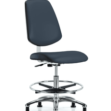 Class 10 Clean Room Vinyl Chair Chrome - Medium Bench Height with Medium Back, Chrome Foot Ring, & Stationary Glides in Imperial Blue Trailblazer Vinyl - CLR-VMBCH-MB-CR-CF-RG-8582