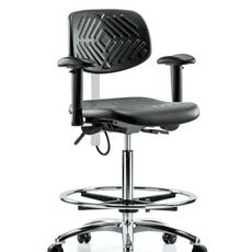 Polyurethane ESD Chair - High Bench Height with Chrome Foot Ring, Adjustable Arms, & ESD Casters - ESD-PHBCH-CR-T0-A1-CF-EC