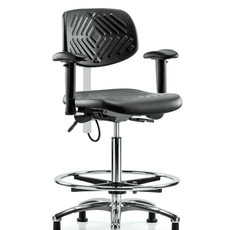 Polyurethane ESD Chair - High Bench Height with Chrome Foot Ring, Adjustable Arms, & ESD Stationary Glides - ESD-PHBCH-CR-T0-A1-CF-EG