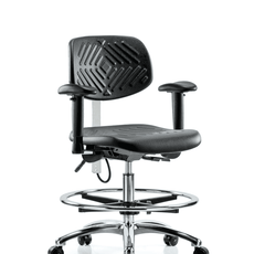 Polyurethane ESD Chair - Medium Bench Height with Chrome Foot Ring, Seat Tilt, Adjustable Arms, & ESD Casters - ESD-PMBCH-CR-T1-A1-CF-EC