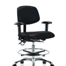 Vinyl ESD Chair - Medium Bench Height with Adjustable Arms, Chrome Foot Ring, & ESD Casters in ESD Black Vinyl - ESD-VMBCH-CR-T0-A1-CF-EC-ESDBLK