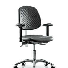 Class 100 Polyurethane Clean Room Chair - Desk Height with Medium Back, Adjustable Arms, & Casters in Black Polyurethane - NCR-PDHCH-MB-CR-T0-A1-CC-BLK