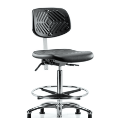 Class 10 Polyurethane Clean Room Chair - High Bench Height with Chrome Foot Ring & Stationary Glides in Black Polyurethane - NCR-PHBCH-CR-T0-A0-CF-RG-BLK