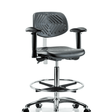 Class 100 Polyurethane Clean Room Chair - High Bench Height with Adjustable Arms, Chrome Foot Ring, & Casters in Black Polyurethane - NCR-PHBCH-CR-T0-A1-CF-CC-BLK