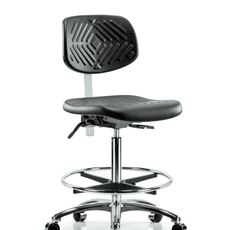 Class 100 Polyurethane Clean Room Chair - High Bench Height with Seat Tilt, Chrome Foot Ring, & Casters in Black Polyurethane - NCR-PHBCH-CR-T1-A0-CF-CC-BLK