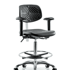 Class 100 Polyurethane Clean Room Chair - High Bench Height with Seat Tilt, Adjustable Arms, Chrome Foot Ring, & Casters in Black Polyurethane - NCR-PHBCH-CR-T1-A1-CF-CC-BLK