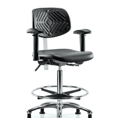 Class 100 Polyurethane Clean Room Chair - High Bench Height with Seat Tilt, Adjustable Arms, Chrome Foot Ring, & Stationary Glides in Black Polyurethane - NCR-PHBCH-CR-T1-A1-CF-RG-BLK