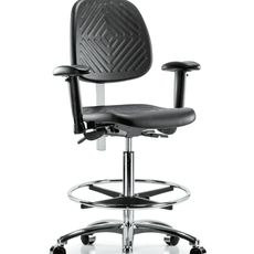 Class 100 Polyurethane Clean Room Chair - High Bench Height with Medium Back, Adjustable Arms, Chrome Foot Ring, & Casters in Black Polyurethane - NCR-PHBCH-MB-CR-T0-A1-CF-CC-BLK