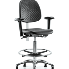 Class 100 Polyurethane Clean Room Chair - High Bench Height with Medium Back, Adjustable Arms, Chrome Foot Ring, & Stationary Glides in Black Polyurethane - NCR-PHBCH-MB-CR-T0-A1-CF-RG-BLK