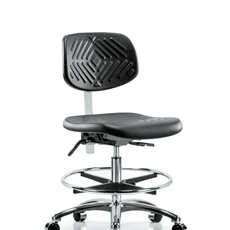 Class 10 Polyurethane Clean Room Chair - Medium Bench Height with Chrome Foot Ring & Casters in Black Polyurethane - NCR-PMBCH-CR-T0-A0-CF-CC-BLK