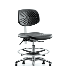 Class 10 Polyurethane Clean Room Chair - Medium Bench Height with Chrome Foot Ring & Stationary Glides in Black Polyurethane - NCR-PMBCH-CR-T0-A0-CF-RG-BLK