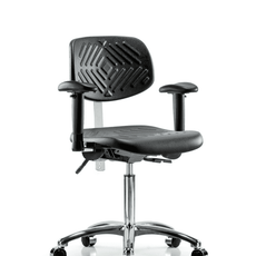 Class 100 Polyurethane Clean Room Chair - Medium Bench Height with Adjustable Arms & Casters in Black Polyurethane - NCR-PMBCH-CR-T0-A1-NF-CC-BLK