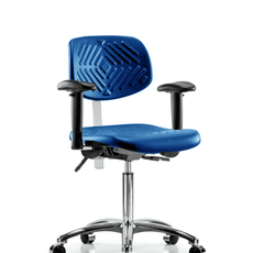 Class 100 Polyurethane Clean Room Chair - Medium Bench Height with Adjustable Arms & Casters in Blue Polyurethane - NCR-PMBCH-CR-T0-A1-NF-CC-BLU