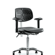 Class 100 Polyurethane Clean Room Chair - Medium Bench Height with Adjustable Arms & Stationary Glides in Black Polyurethane - NCR-PMBCH-CR-T0-A1-NF-RG-BLK