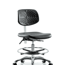 Class 100 Polyurethane Clean Room Chair - Medium Bench Height with Seat Tilt, Chrome Foot Ring, & Casters in Black Polyurethane - NCR-PMBCH-CR-T1-A0-CF-CC-BLK