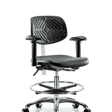 Class 100 Polyurethane Clean Room Chair - Medium Bench Height with Seat Tilt, Adjustable Arms, Chrome Foot Ring, & Casters in Black Polyurethane - NCR-PMBCH-CR-T1-A1-CF-CC-BLK