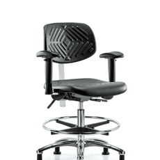 Class 100 Polyurethane Clean Room Chair - Medium Bench Height with Seat Tilt, Adjustable Arms, Chrome Foot Ring, & Stationary Glides in Black Polyurethane - NCR-PMBCH-CR-T1-A1-CF-RG-BLK