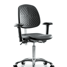 Class 100 Polyurethane Clean Room Chair - Medium Bench Height with Medium Back, Adjustable Arms, & Casters in Black Polyurethane - NCR-PMBCH-MB-CR-T0-A1-NF-CC-BLK