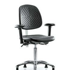 Class 100 Polyurethane Clean Room Chair - Medium Bench Height with Medium Back, Adjustable Arms, & Stationary Glides in Black Polyurethane - NCR-PMBCH-MB-CR-T0-A1-NF-RG-BLK