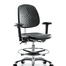 Class 100 Polyurethane Clean Room Chair - Medium Bench Height with Medium Back, Seat Tilt, Adjustable Arms, Chrome Foot Ring, & Casters in Black Polyurethane - NCR-PMBCH-MB-CR-T1-A1-CF-CC-BLK