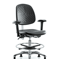 Class 100 Polyurethane Clean Room Chair - Medium Bench Height with Medium Back, Seat Tilt, Adjustable Arms, Chrome Foot Ring, & Stationary Glides in Black Polyurethane - NCR-PMBCH-MB-CR-T1-A1-CF-RG-BLK