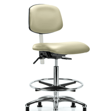 Class 100 Vinyl Clean Room Chair - High Bench Height with Chrome Foot Ring & Stationary Glides in Adobe White Trailblazer Vinyl - NCR-VHBCH-CR-T0-A0-CF-RG-8501