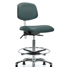 Class 100 Vinyl Clean Room Chair - High Bench Height with Chrome Foot Ring & Stationary Glides in Colonial Blue Trailblazer Vinyl - NCR-VHBCH-CR-T0-A0-CF-RG-8546