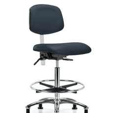 Class 100 Vinyl Clean Room Chair - High Bench Height with Seat Tilt, Chrome Foot Ring, & Stationary Glides in Imperial Blue Trailblazer Vinyl - NCR-VHBCH-CR-T1-A0-CF-RG-8582