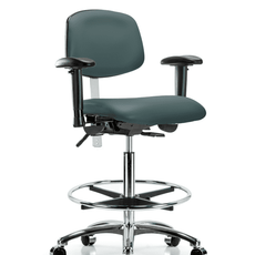 Class 100 Vinyl Clean Room Chair - High Bench Height with Seat Tilt, Adjustable Arms, Chrome Foot Ring, & Casters in Colonial Blue Trailblazer Vinyl - NCR-VHBCH-CR-T1-A1-CF-CC-8546