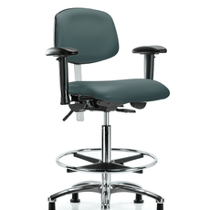 Class 100 Vinyl Clean Room Chair - High Bench Height with Seat Tilt, Adjustable Arms, Chrome Foot Ring, & Stationary Glides in Colonial Blue Trailblazer Vinyl - NCR-VHBCH-CR-T1-A1-CF-RG-8546