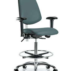 Class 100 Vinyl Clean Room Chair - High Bench Height with Medium Back, Adjustable Arms, Chrome Foot Ring, & Casters in Colonial Blue Trailblazer Vinyl - NCR-VHBCH-MB-CR-T0-A1-CF-CC-8546