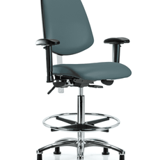 Class 100 Vinyl Clean Room Chair - High Bench Height with Medium Back, Seat Tilt, Adjustable Arms, Chrome Foot Ring, & Stationary Glides in Colonial Blue Trailblazer Vinyl - NCR-VHBCH-MB-CR-T1-A1-CF-RG-8546