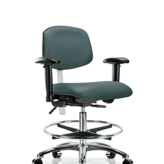 Class 100 Vinyl Clean Room Chair - Medium Bench Height with Adjustable Arms, Chrome Foot Ring, & Casters in Colonial Blue Trailblazer Vinyl - NCR-VMBCH-CR-T0-A1-CF-CC-8546