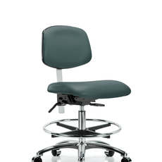 Class 100 Vinyl Clean Room Chair - Medium Bench Height with Seat Tilt, Chrome Foot Ring, & Casters in Colonial Blue Trailblazer Vinyl - NCR-VMBCH-CR-T1-A0-CF-CC-8546