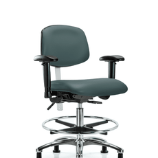 Class 100 Vinyl Clean Room Chair - Medium Bench Height with Seat Tilt, Adjustable Arms, Chrome Foot Ring, & Stationary Glides in Colonial Blue Trailblazer Vinyl - NCR-VMBCH-CR-T1-A1-CF-RG-8546