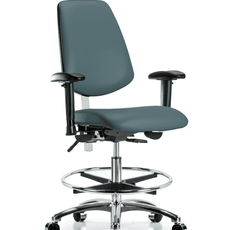 Class 100 Vinyl Clean Room Chair - Medium Bench Height with Medium Back, Adjustable Arms, Chrome Foot Ring, & Casters in Colonial Blue Trailblazer Vinyl - NCR-VMBCH-MB-CR-T0-A1-CF-CC-8546