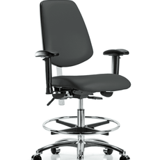 Class 100 Vinyl Clean Room Chair - Medium Bench Height with Medium Back, Adjustable Arms, Chrome Foot Ring, & Casters in Charcoal Trailblazer Vinyl - NCR-VMBCH-MB-CR-T0-A1-CF-CC-8605